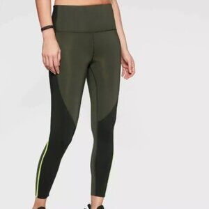 Athleta Spar Colorblock 7/8 Tight Leggings in Black/Olive and Neon Stripe, XS